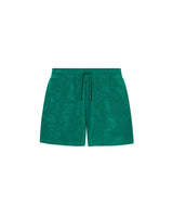 Green mid length shorts in terry toweling fabric with drawdtring and two side pockets.