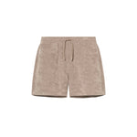 Beige mid-length shorts made of terry toweling fabric with an elastic drawstring waist, two side pockets, and one back pocket with embroidery.