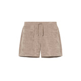 Beige mid-length shorts made of terry toweling fabric with an elastic drawstring waist, two side pockets, and one back pocket with embroidery.