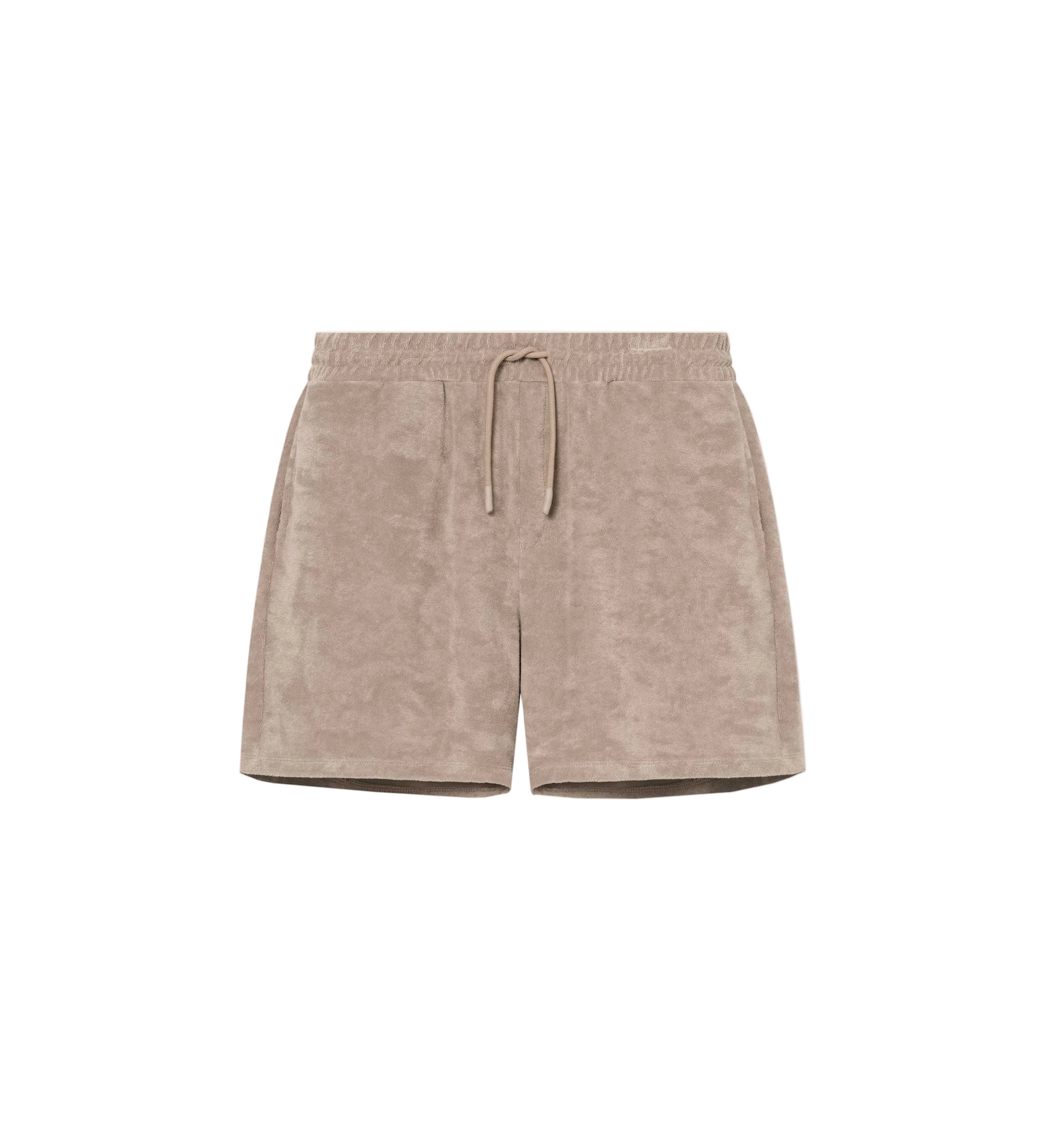 Beige mid-length shorts made of terry toweling fabric with an elastic drawstring waist, two side pockets, and one back pocket with embroidery.