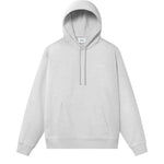 Grey hoodie with drawstrings, chest pocket, ribbed cuffs, and Nikben script logo embroidery