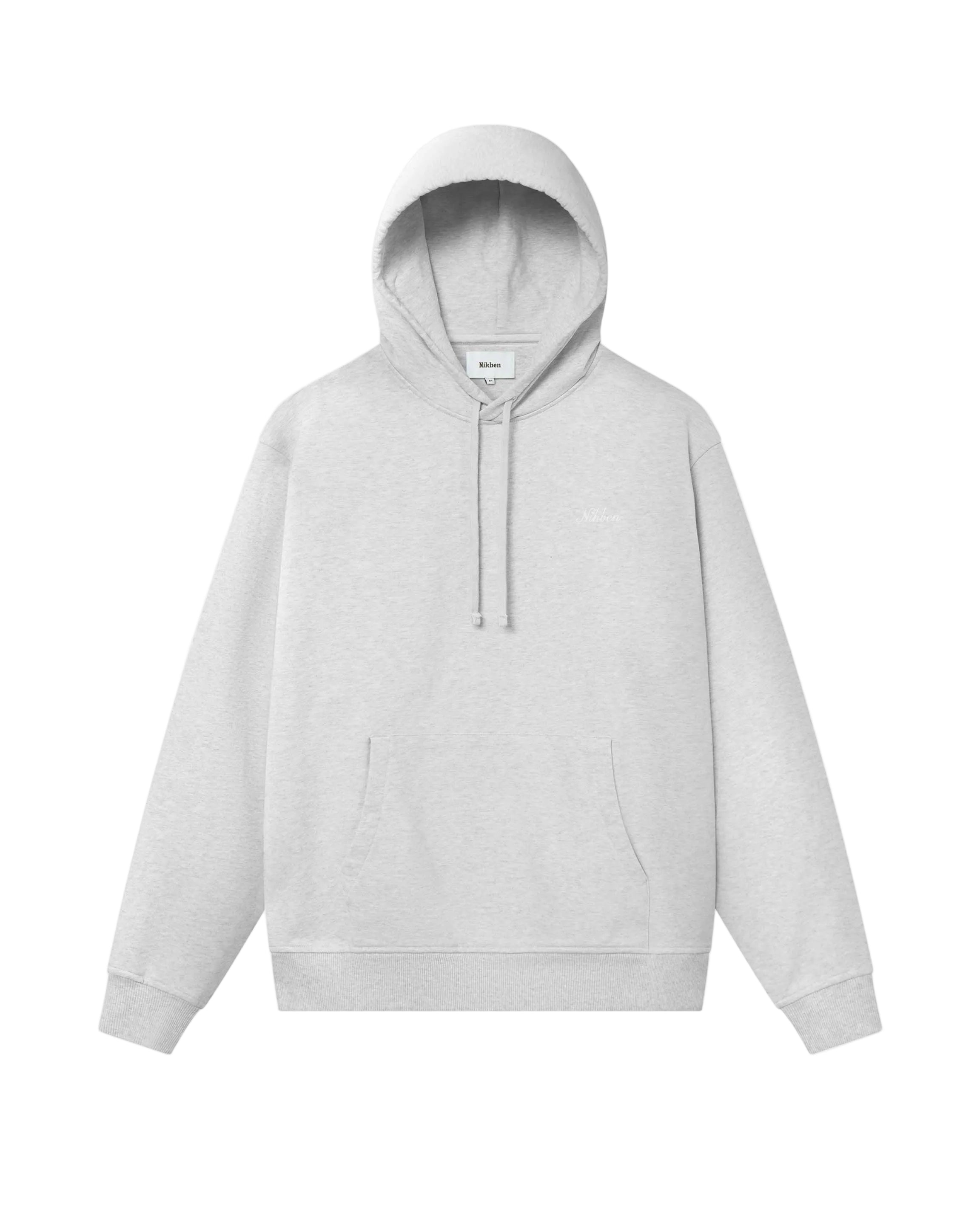 Grey hoodie with drawstrings, chest pocket, ribbed cuffs, and Nikben script logo embroidery