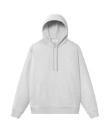 Grey hoodie with drawstrings, chest pocket, ribbed cuffs, and Nikben script logo embroidery