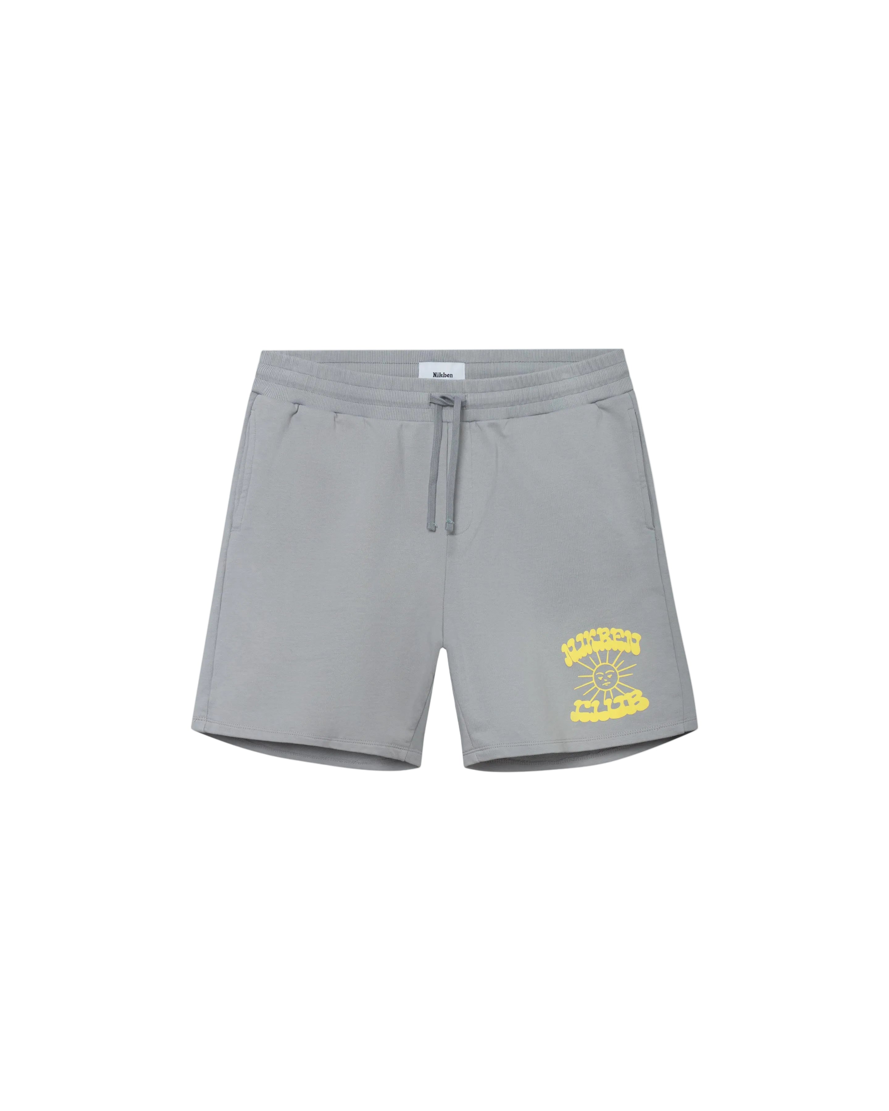 Grey sweat shorts with drawstrings and yellow Nikben Sunshine Club print