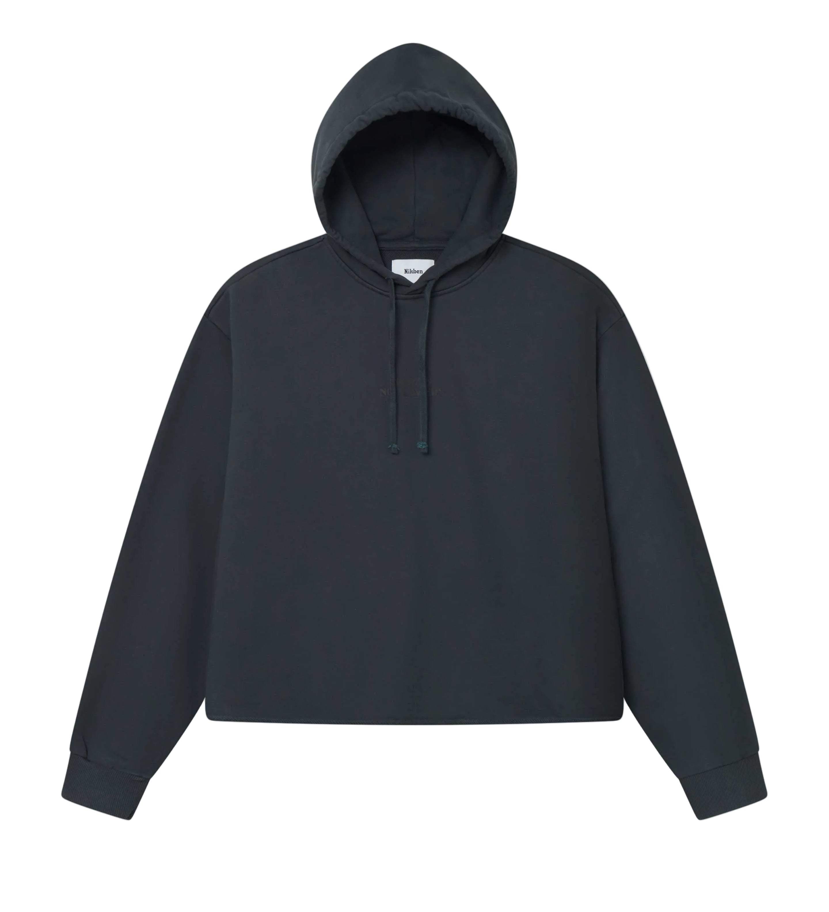Black cropped hoodie with drawstrings and ribbed cuffs