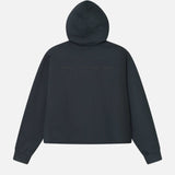 back of a Black cropped hoodie with drawstrings and ribbed cuffs