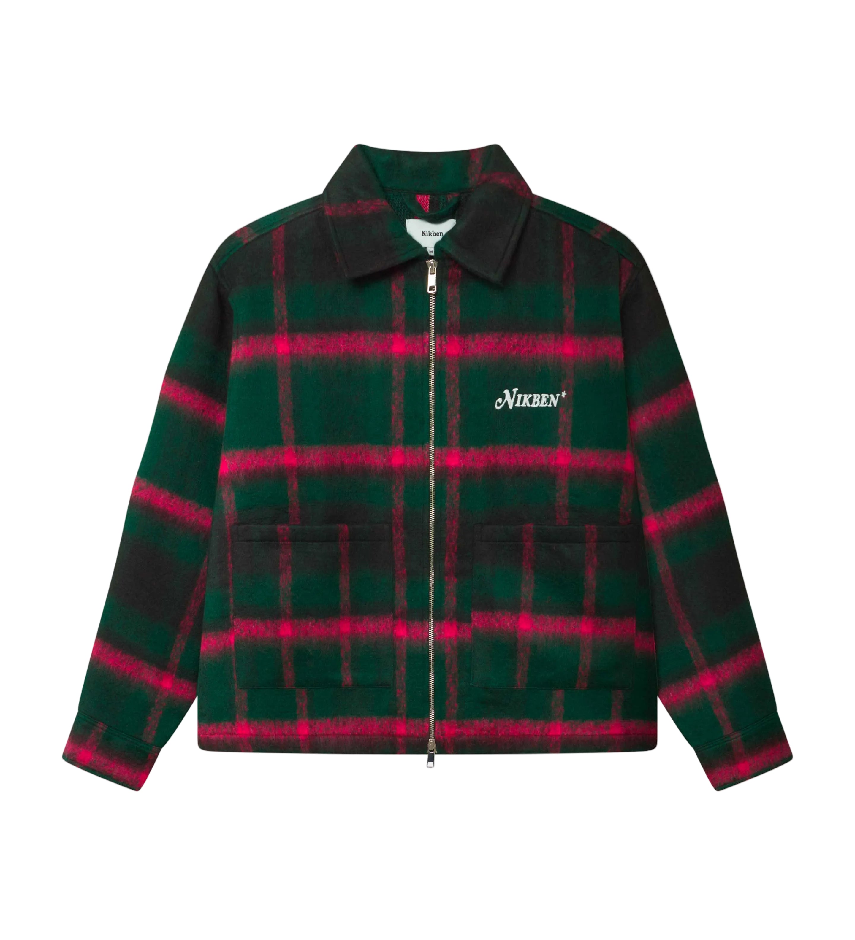 Green and pink colored lumberjack jacket with pockets, full zipper and embroidered Nikben logo 