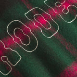 Cloe up of back on a Green and pink colored lumberjack jacket with pockets, full zipper and embroidered Nikben logo 