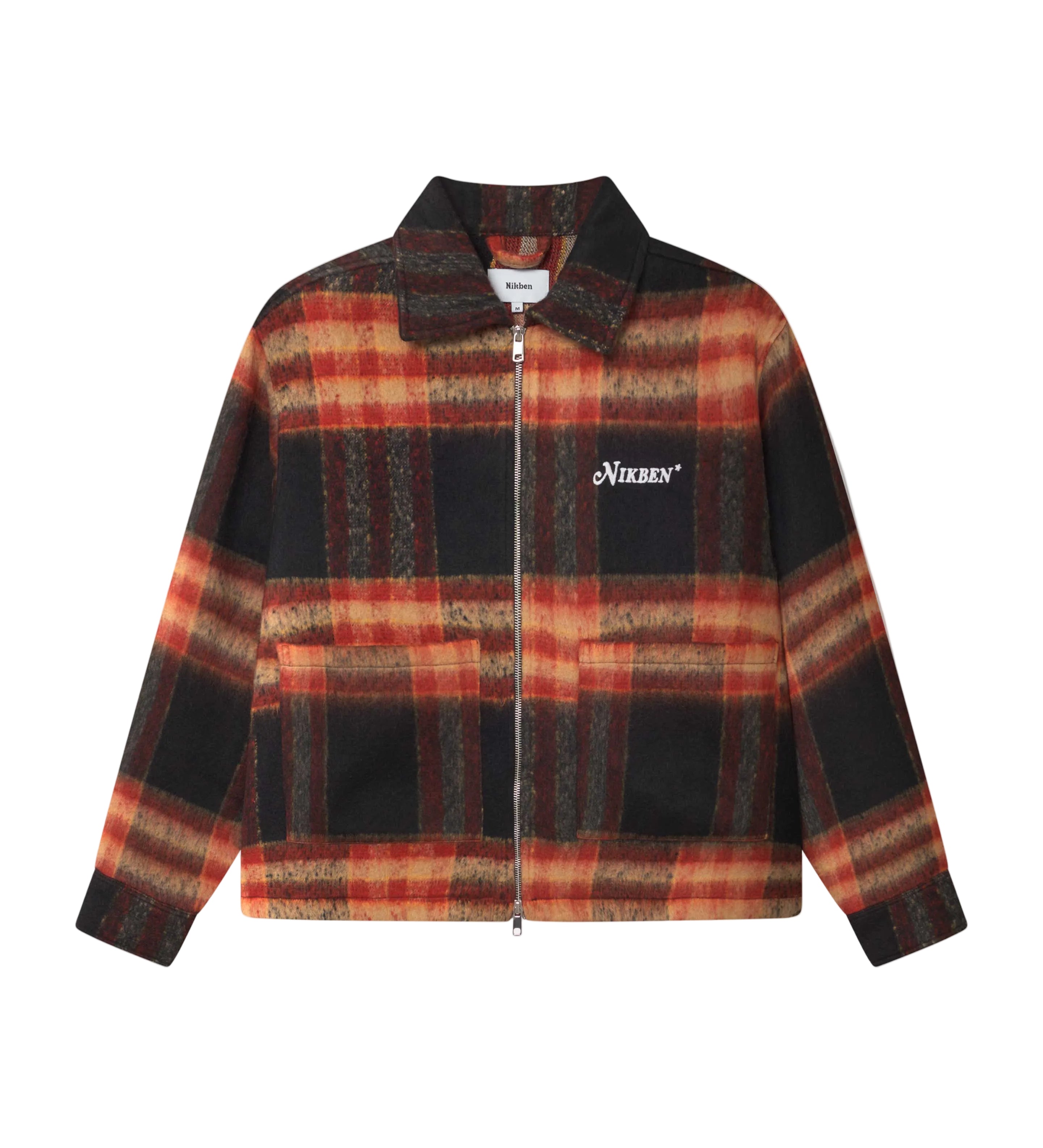 Orange red colored lumberjack jacket with pockets, full zipper and embroidered Nikben logo 