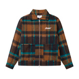 A lumberjack jacket with a checkered pattern in brown, blue, and black colors, featuring two front pockets and a YKK zipper.