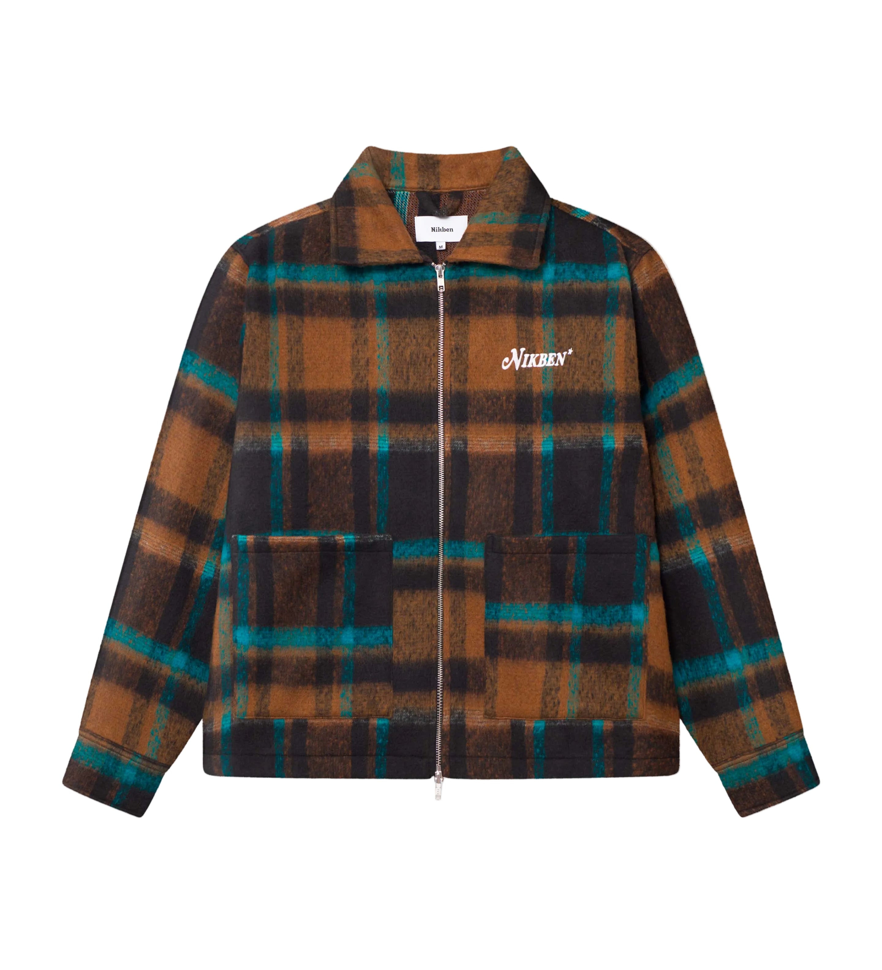A lumberjack jacket with a checkered pattern in brown, blue, and black colors, featuring two front pockets and a YKK zipper.
