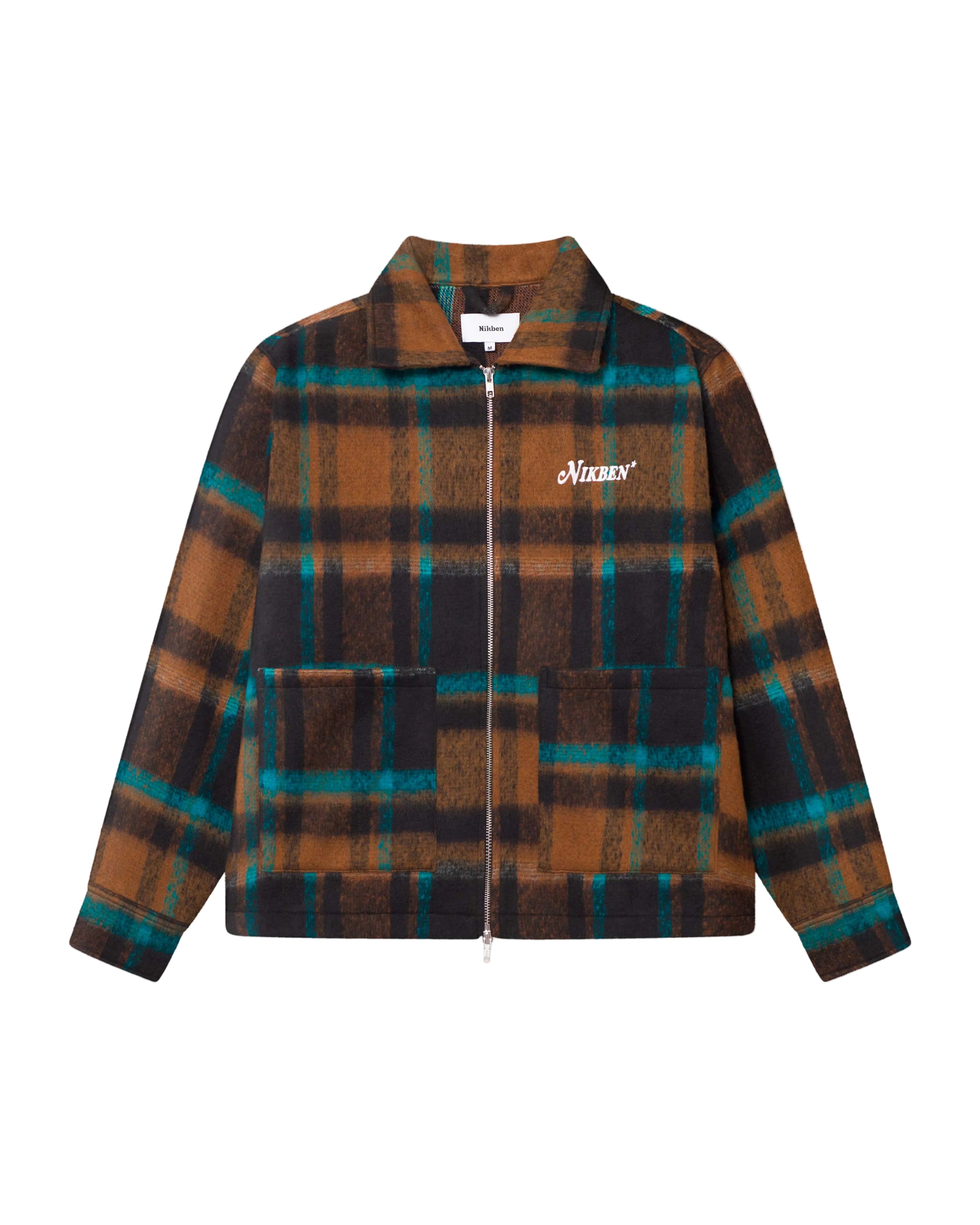 A lumberjack jacket with a checkered pattern in brown, blue, and black colors, featuring two front pockets and a YKK zipper.