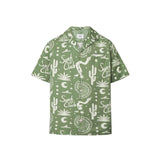 A short-sleeved green shirt with a multicolor graphic pattern, an open collar, and a button closure at the front.