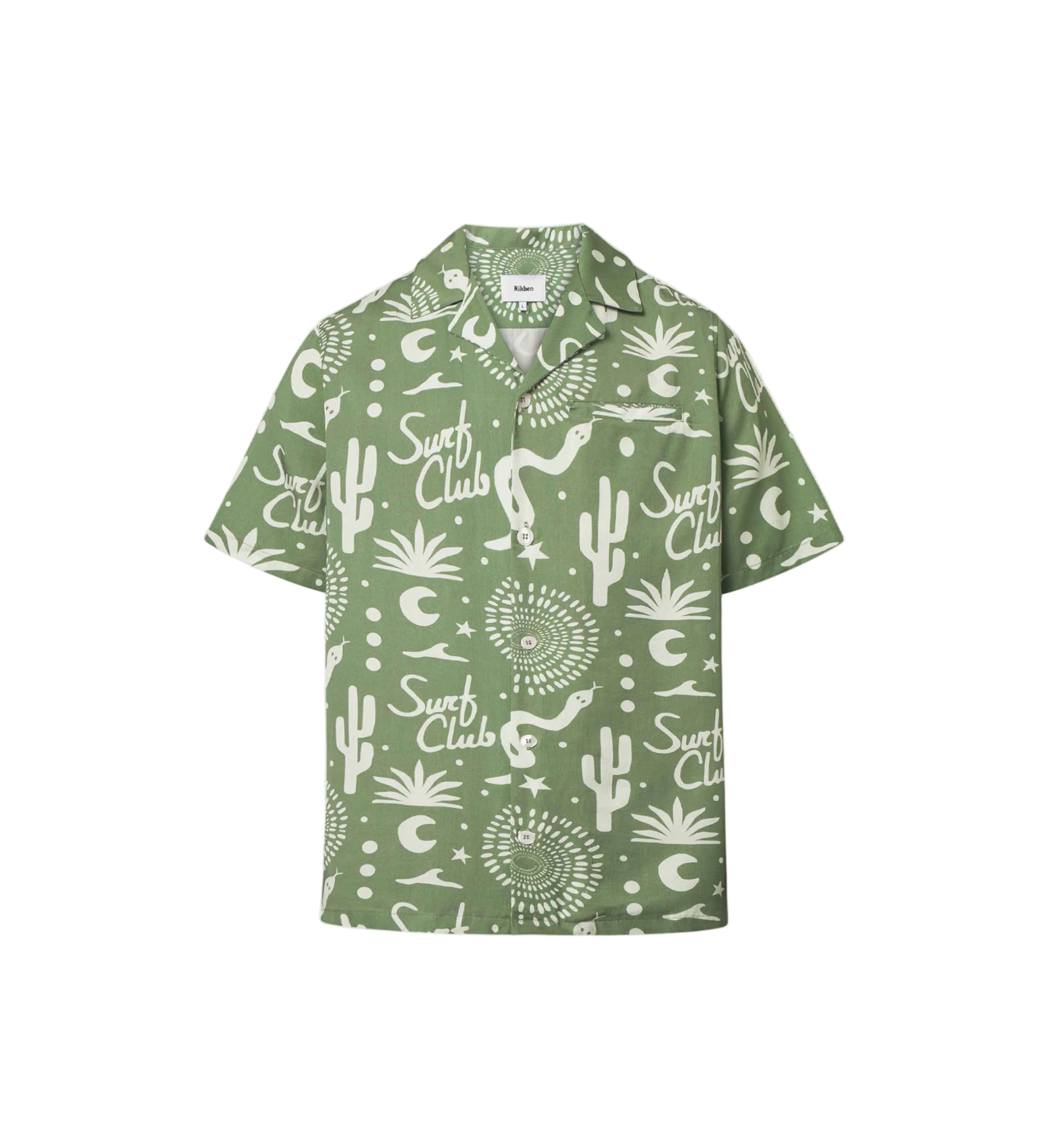 A short-sleeved green shirt with a multicolor graphic pattern, an open collar, and a button closure at the front.