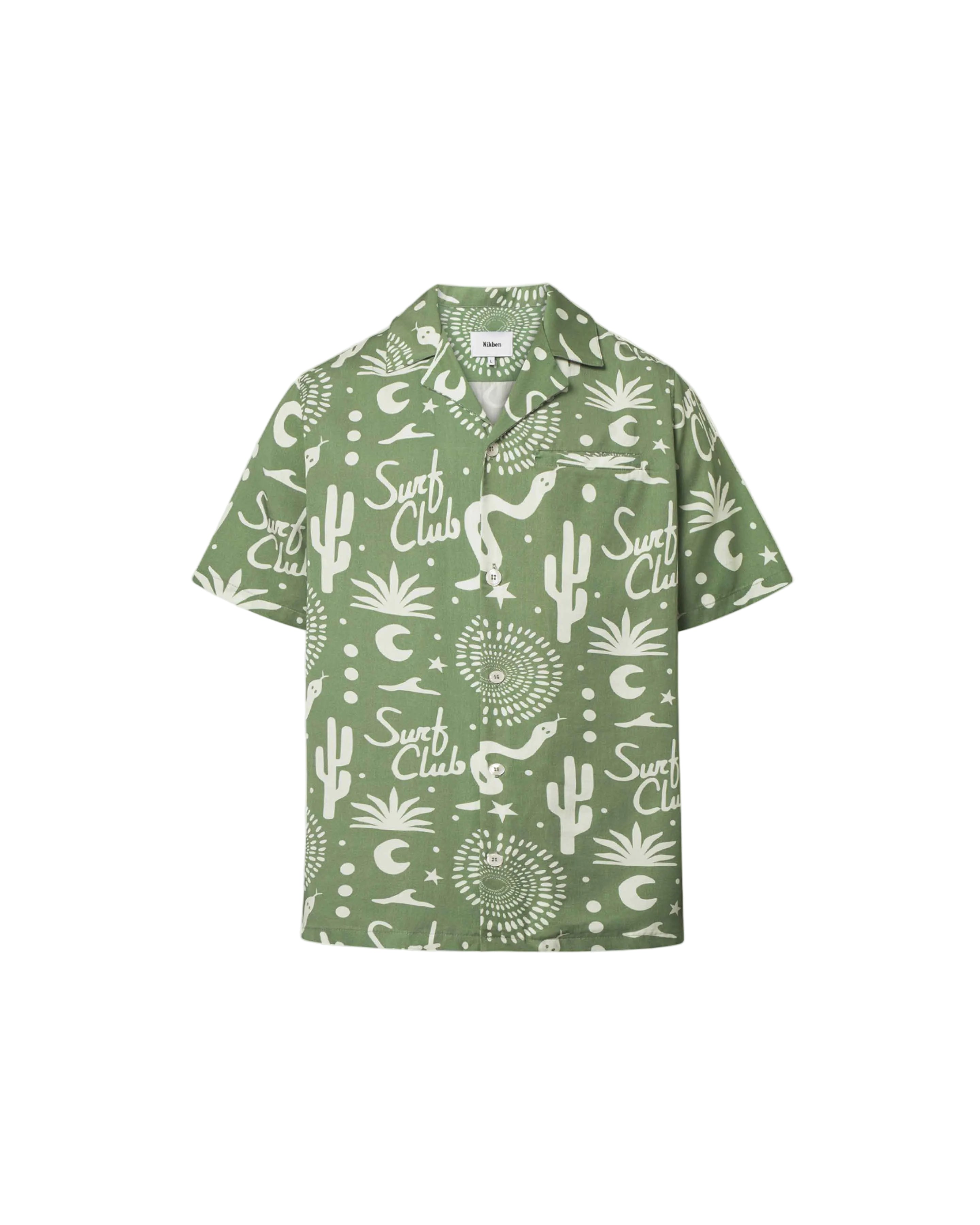 A short-sleeved green shirt with a multicolor graphic pattern, an open collar, and a button closure at the front.