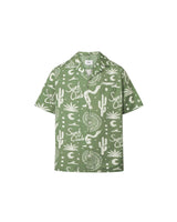 A short-sleeved green shirt with a multicolor graphic pattern, an open collar, and a button closure at the front.