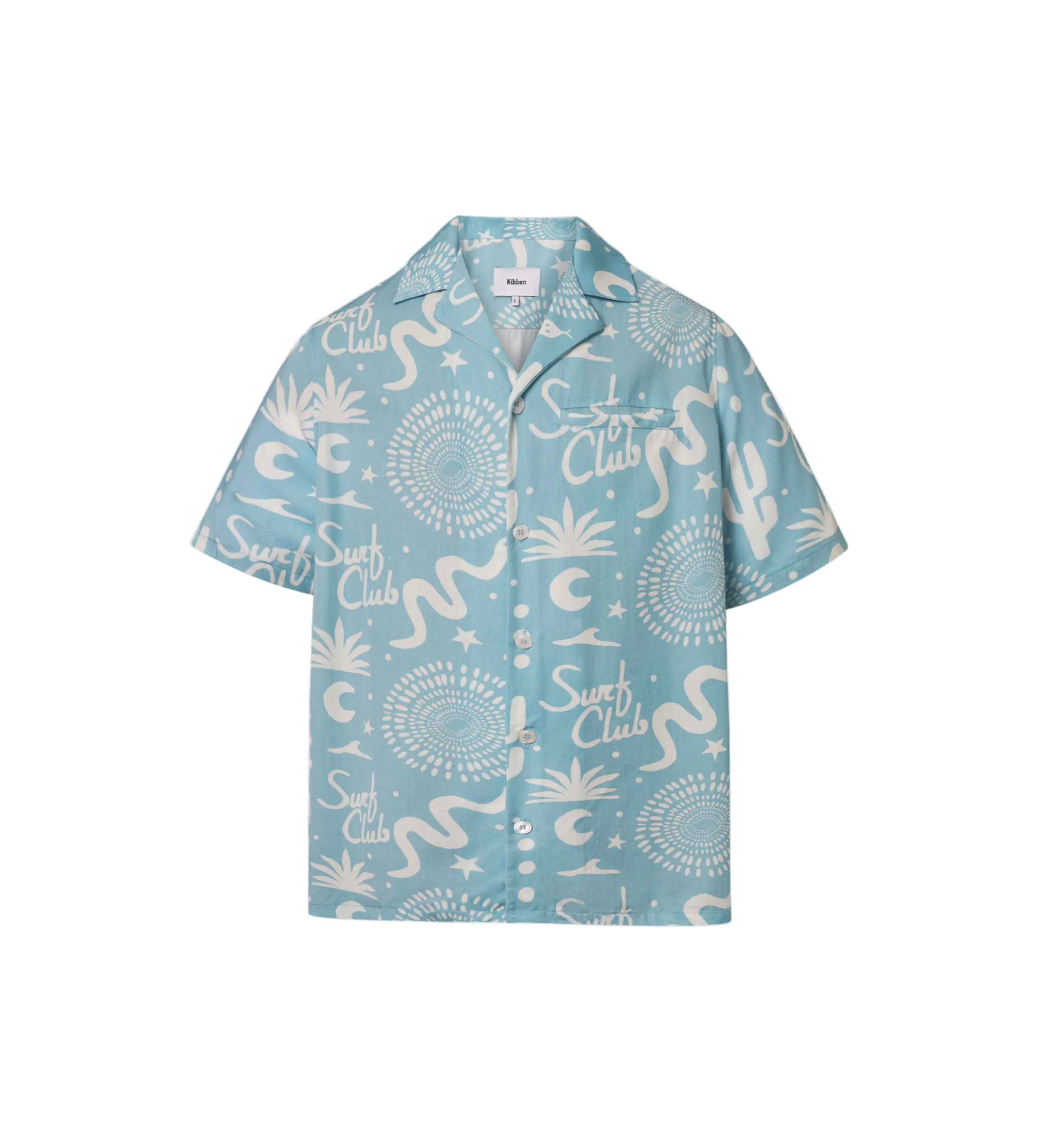 A light blue short-sleeved men's shirt with a multicolor graphic pattern, an open collar, and a button closure at the front.