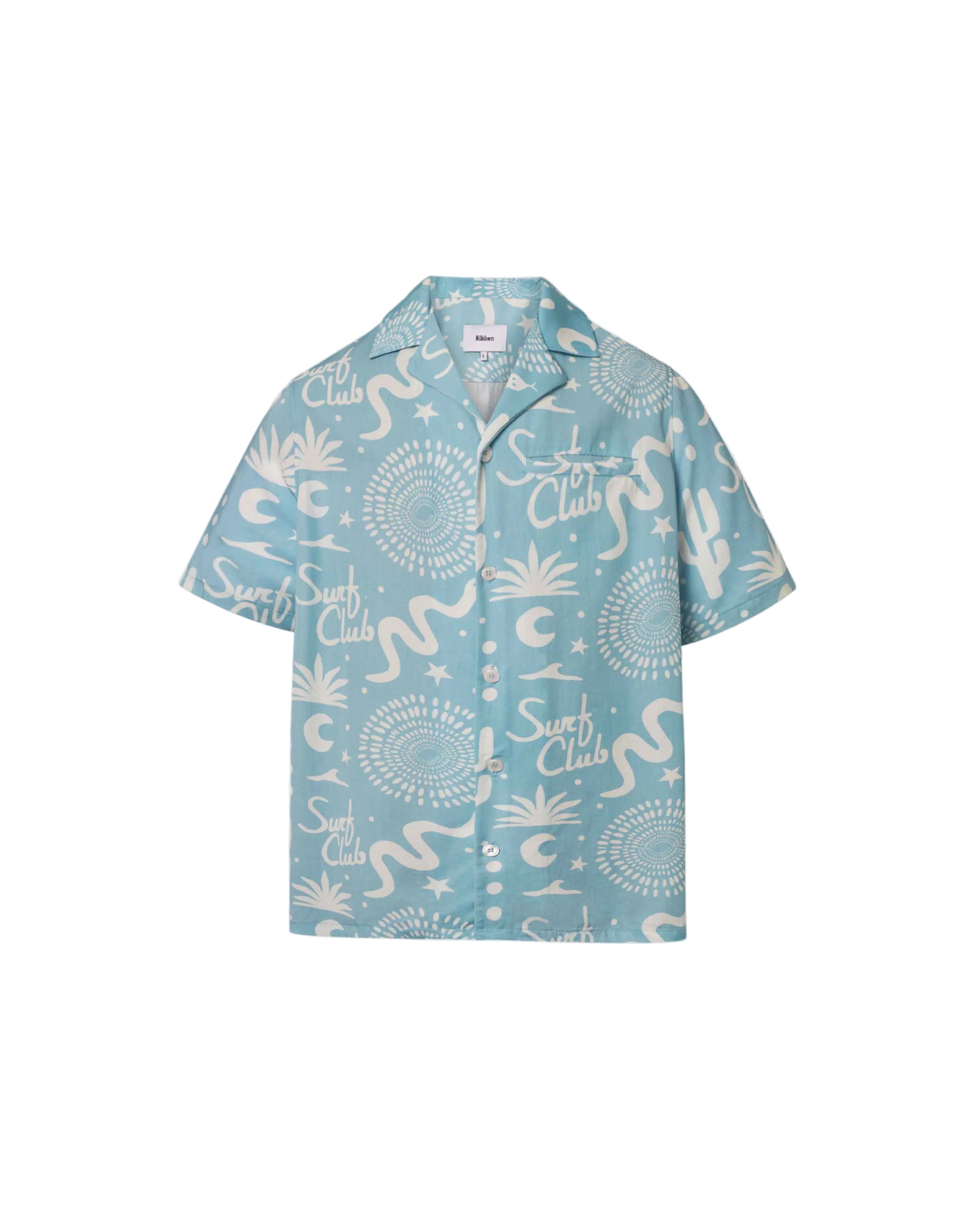 A light blue short-sleeved men's shirt with a multicolor graphic pattern, an open collar, and a button closure at the front.
