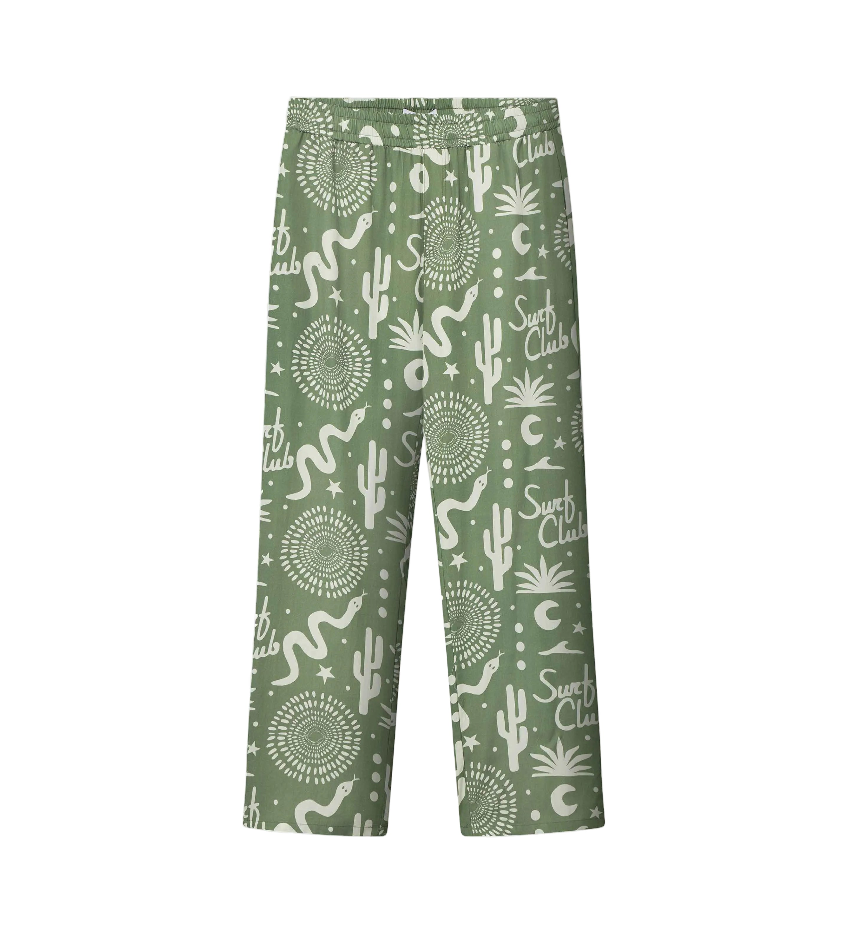 A pair of green pants with a multicolor graphic pattern, including geometric shapes and plant-like designs.