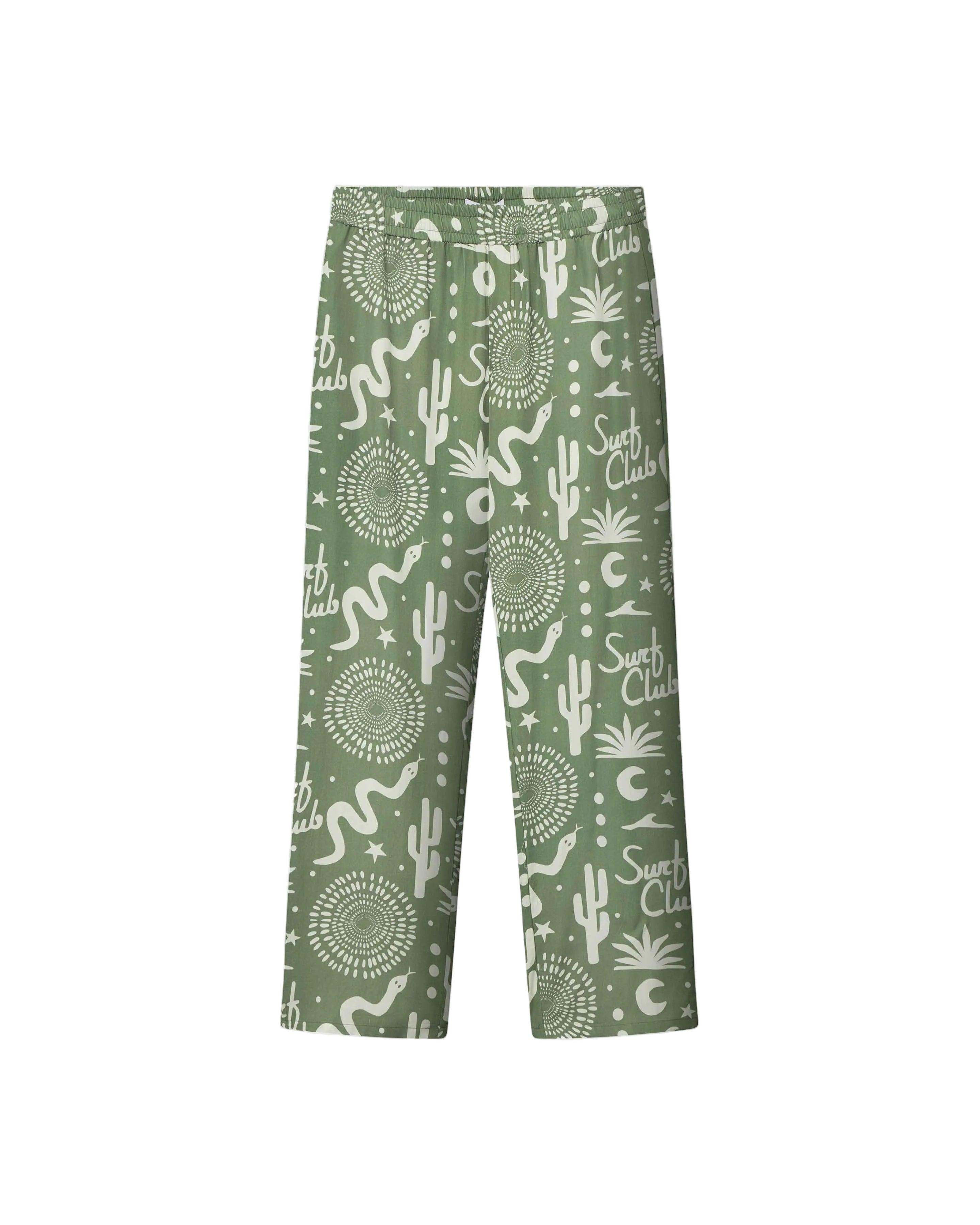 A pair of green pants with a multicolor graphic pattern, including geometric shapes and plant-like designs.