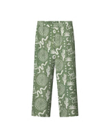 A pair of green pants with a multicolor graphic pattern, including geometric shapes and plant-like designs.