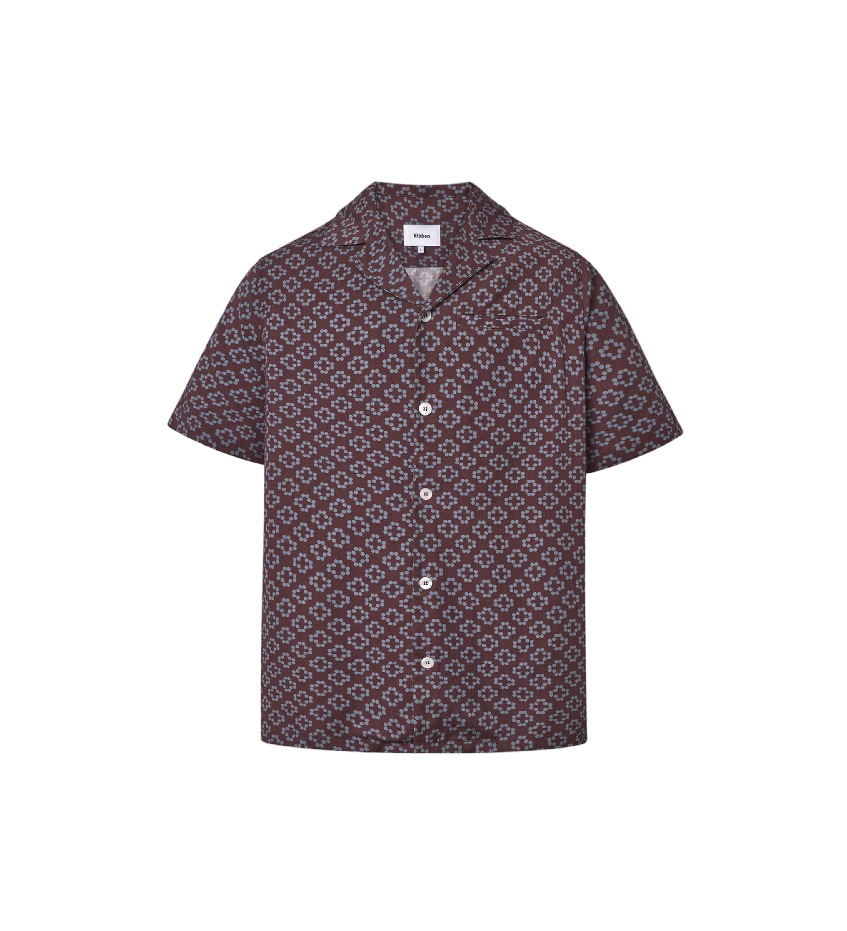 A short-sleeved brown shirt with a multicolor geometric pattern, an open collar, and button closures at the front.