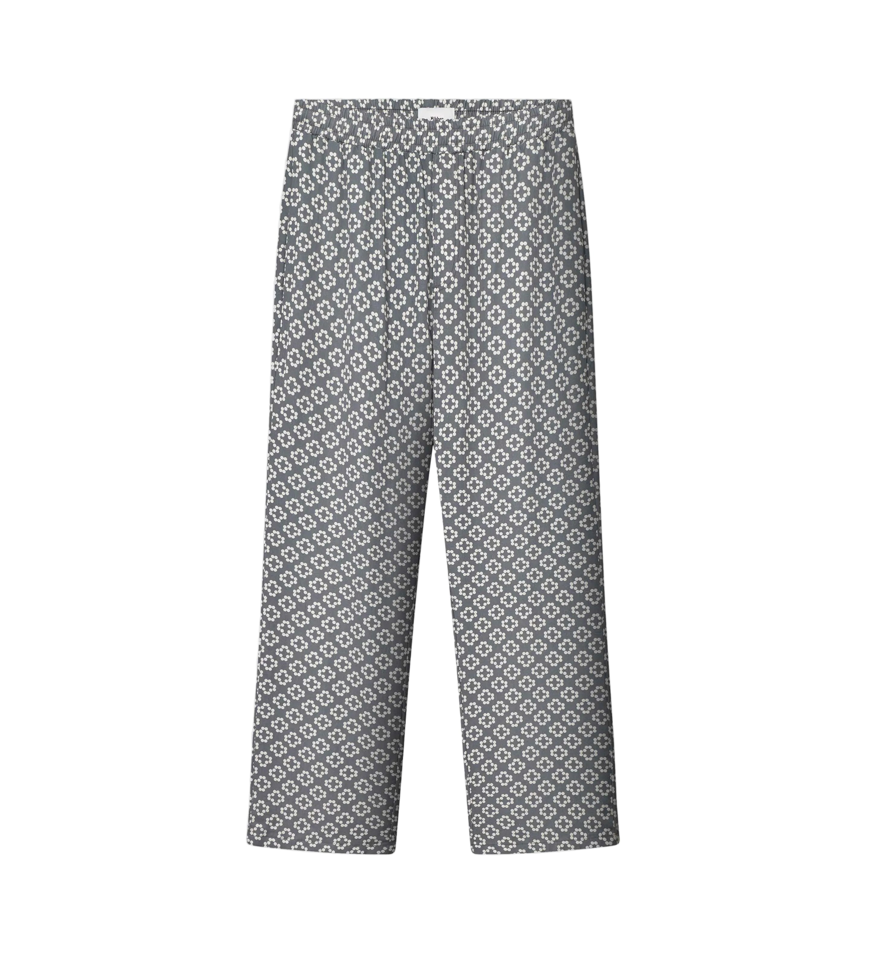 A pair of steel blue geometric patterned pants with a relaxed fit and side pockets.