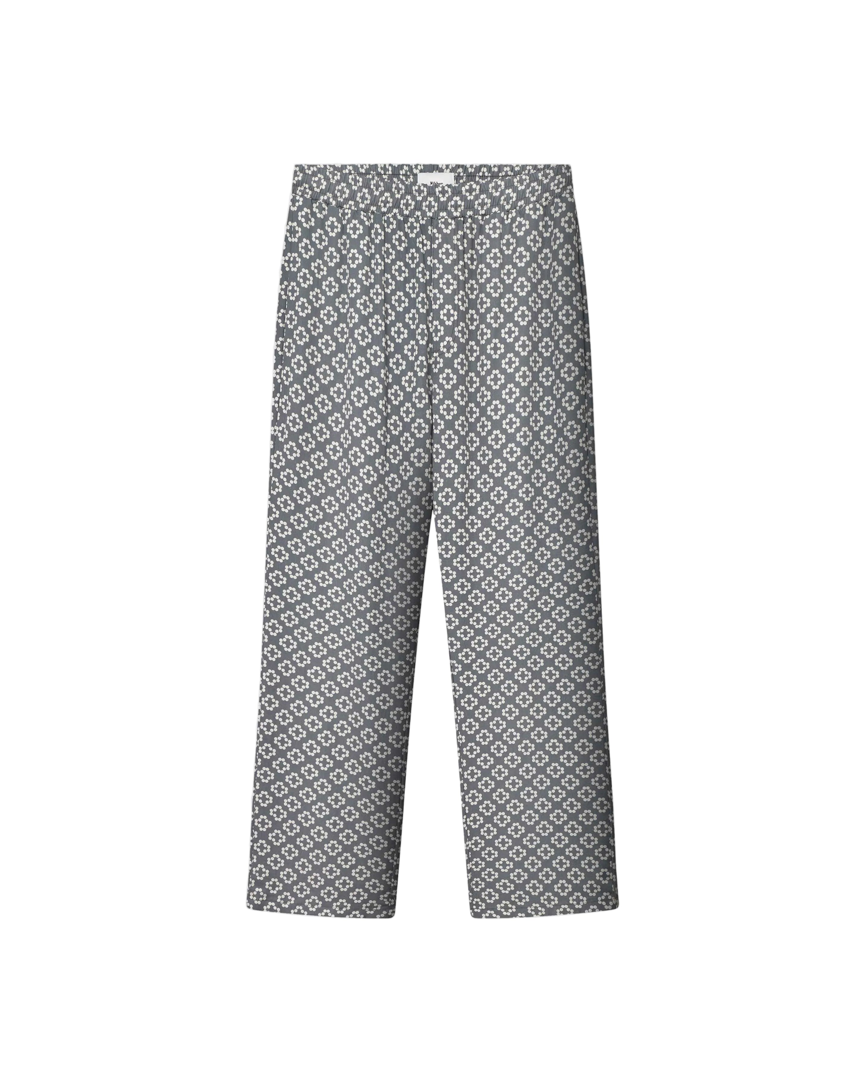 A pair of steel blue geometric patterned pants with a relaxed fit and side pockets.