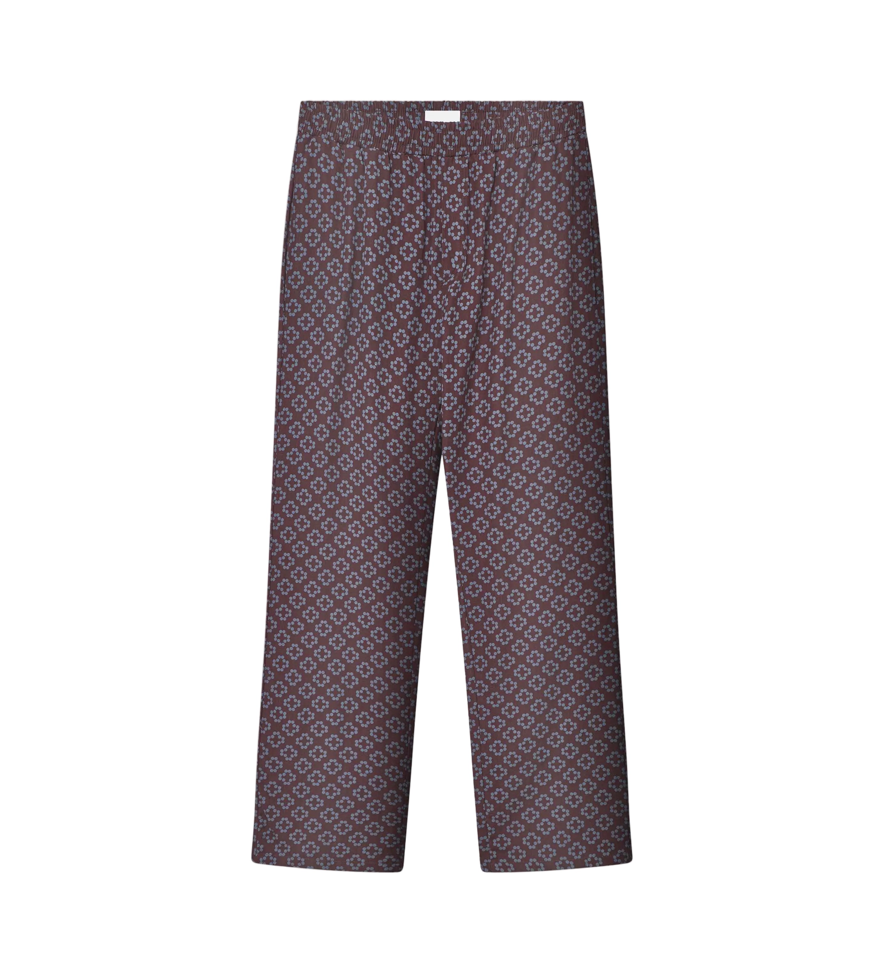 A pair of brown multicolor geometric pattern pants with side pockets.