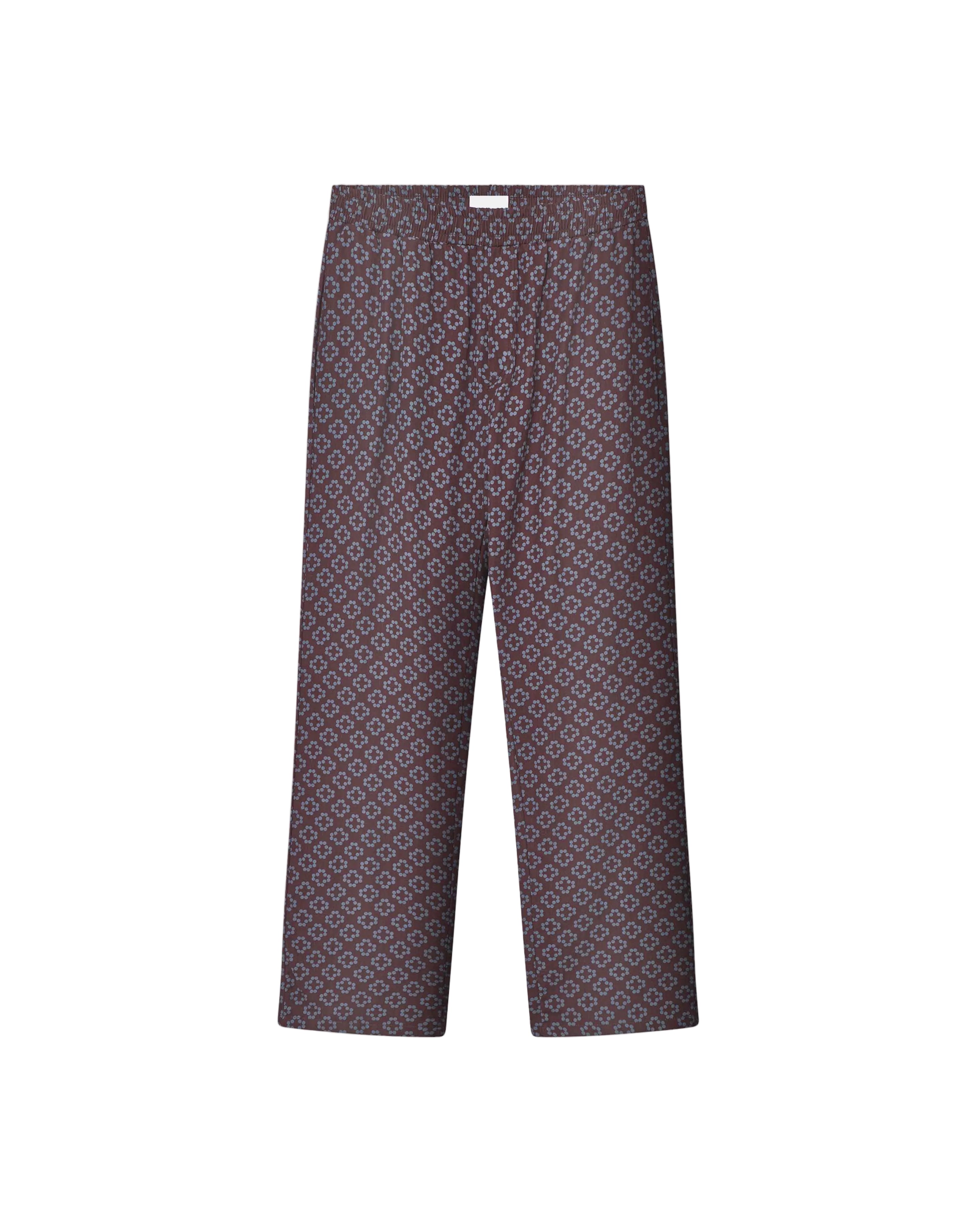 A pair of brown multicolor geometric pattern pants with side pockets.