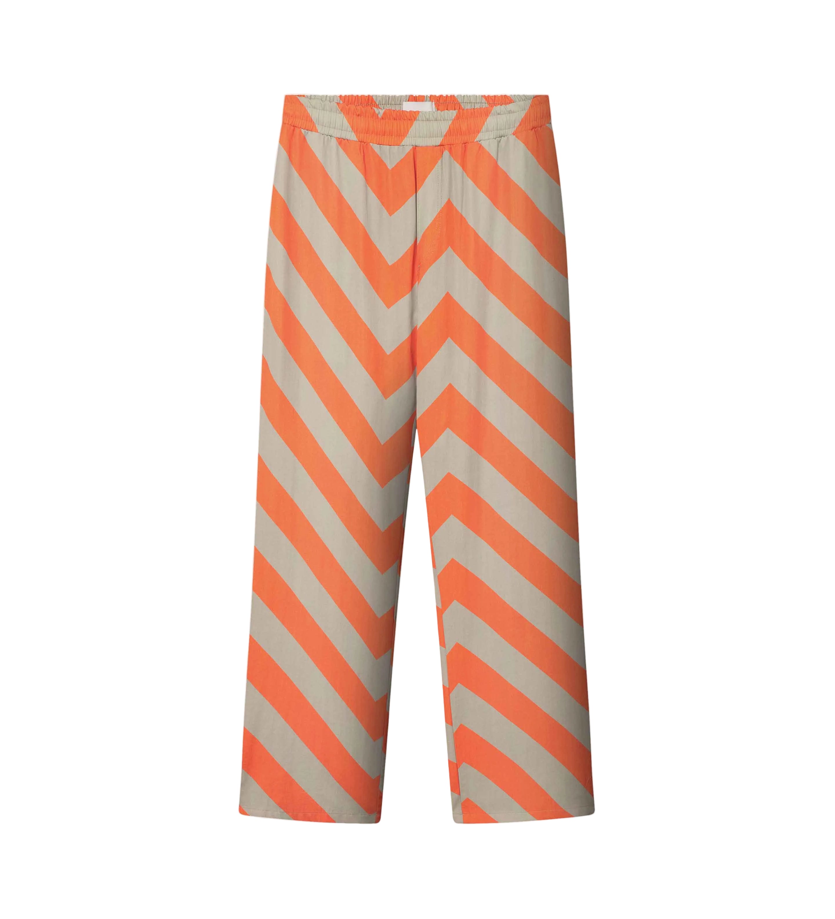 A pair of orange striped pants with a relaxed fit made from Tencel material.