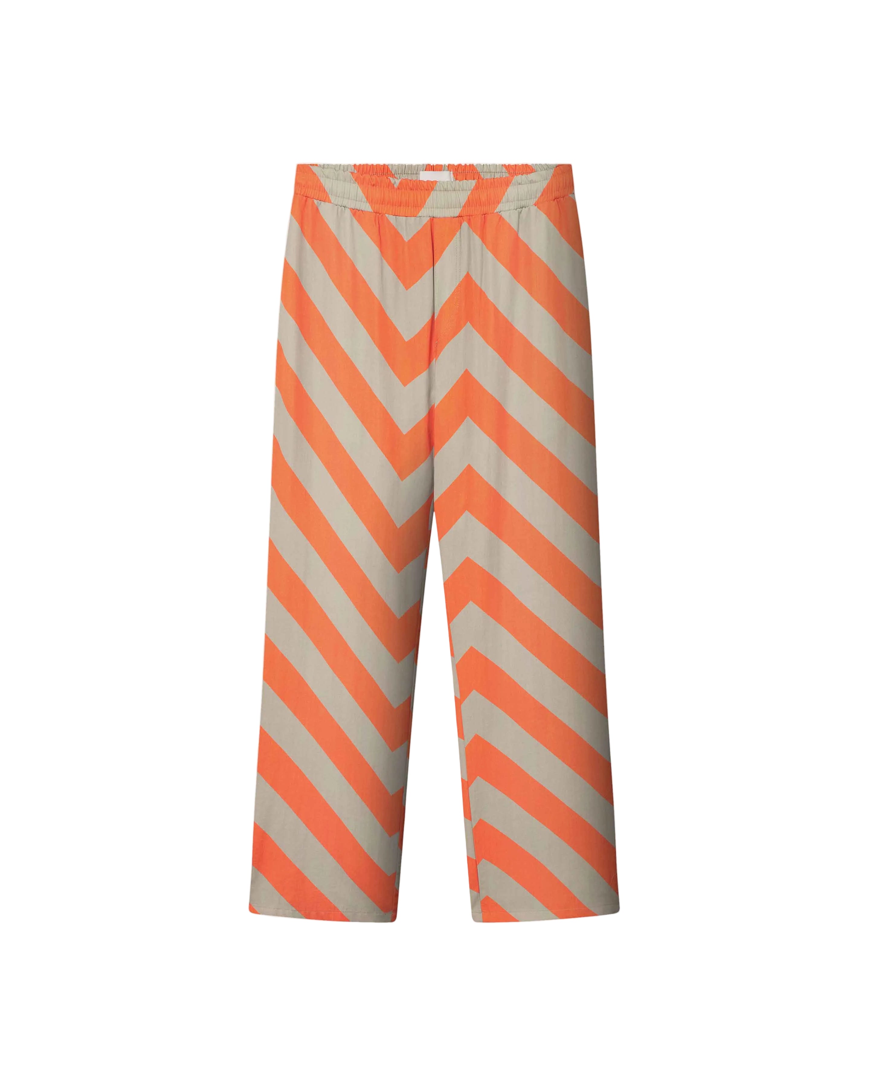 A pair of orange striped pants with a relaxed fit made from Tencel material.