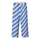 A pair of blue and white striped pants with a relaxed fit, made from Tencel material, with two side pockets.