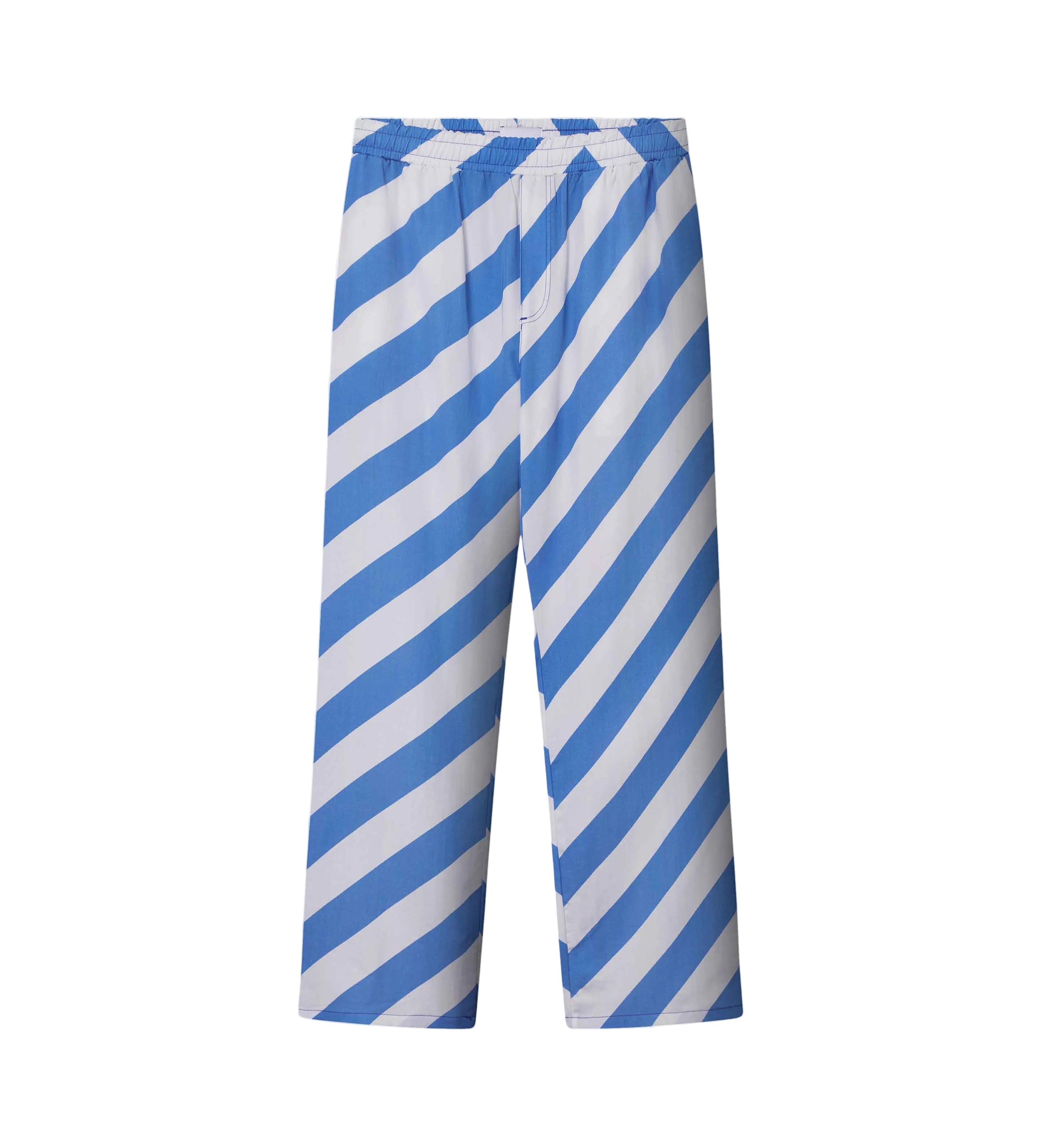 A pair of blue and white striped pants with a relaxed fit, made from Tencel material, with two side pockets.