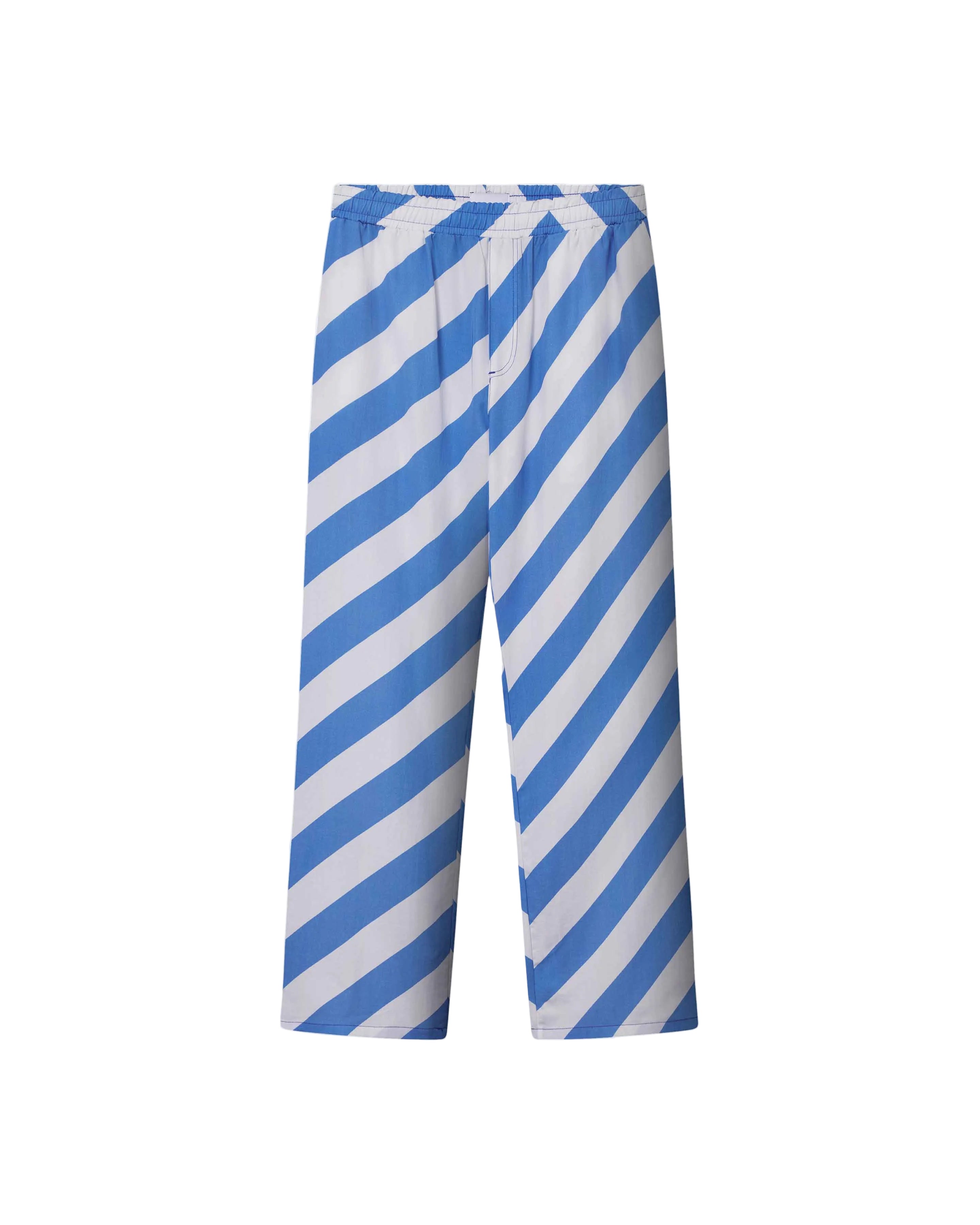 A pair of blue and white striped pants with a relaxed fit, made from Tencel material, with two side pockets.
