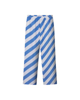 A pair of blue and white striped pants with a relaxed fit, made from Tencel material, with two side pockets.