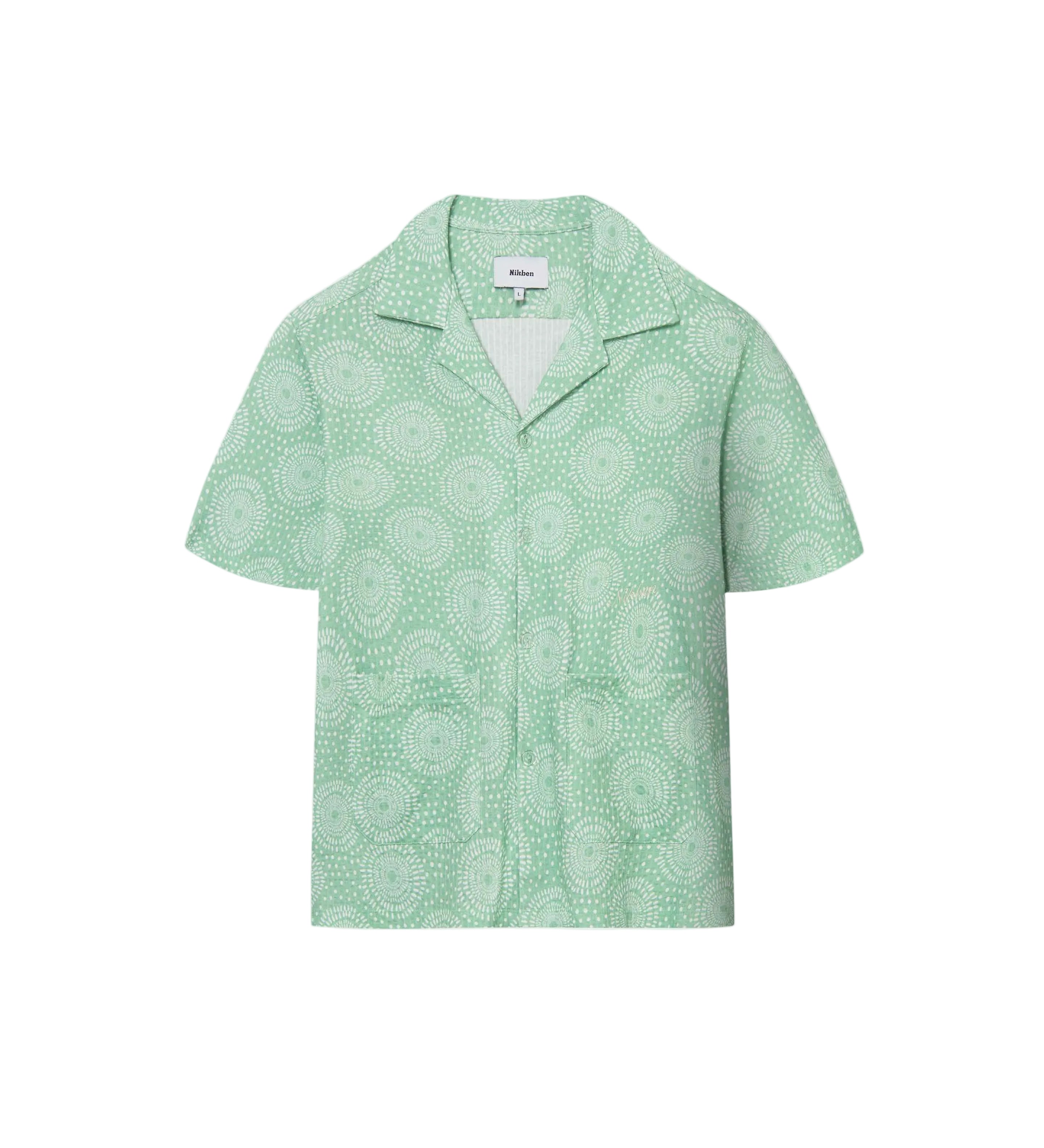 A short-sleeved green shirt with a camp collar and mother-of-pearl buttons, displayed against a plain background.