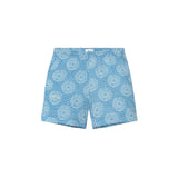 A pair of blue seersucker cotton shorts with a geometric pattern, displayed against a white background.