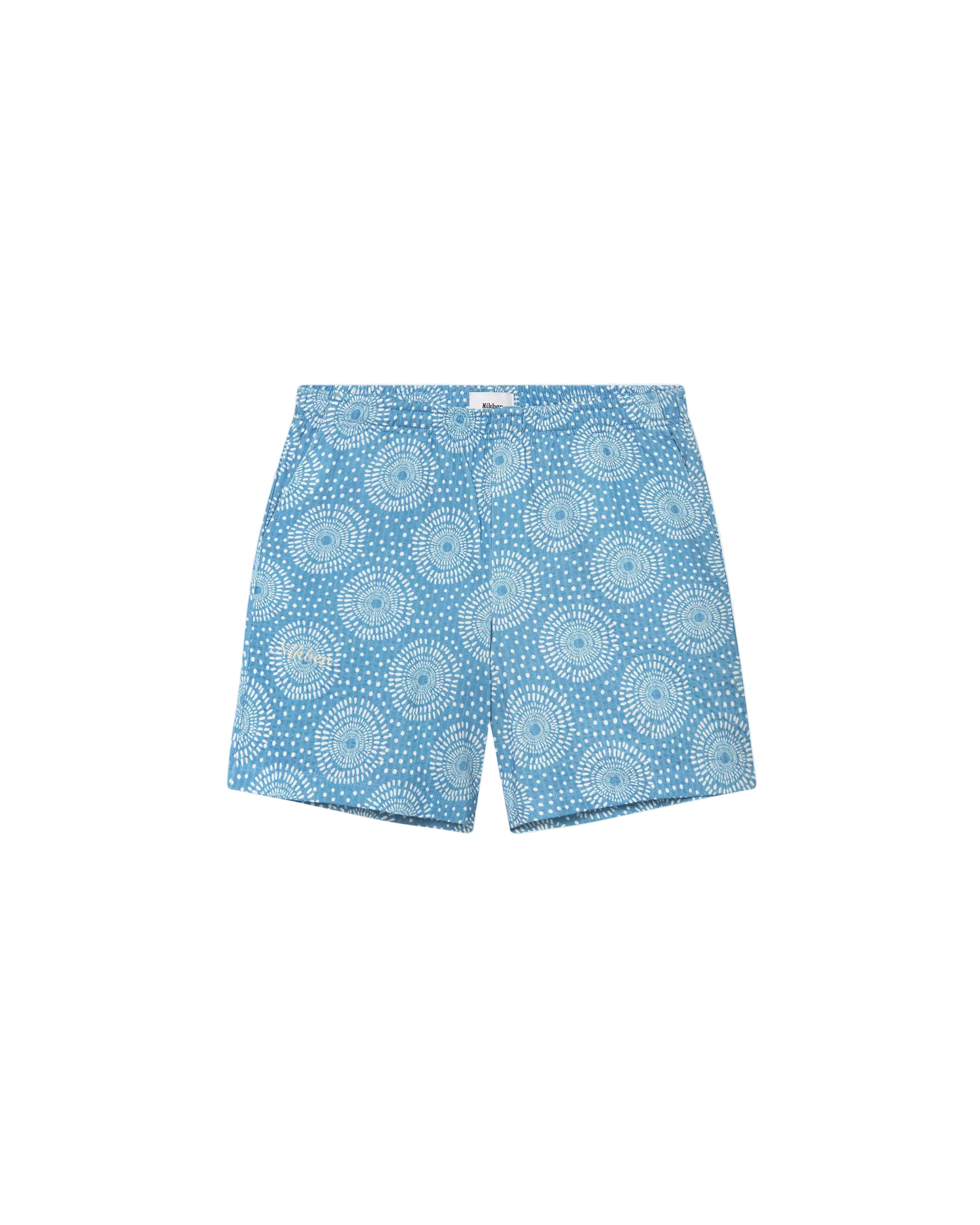 A pair of blue seersucker cotton shorts with a geometric pattern, displayed against a white background.
