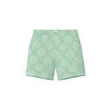 A pair of green Prainha shorts with a geometric pattern, crafted from 100% seersucker cotton.