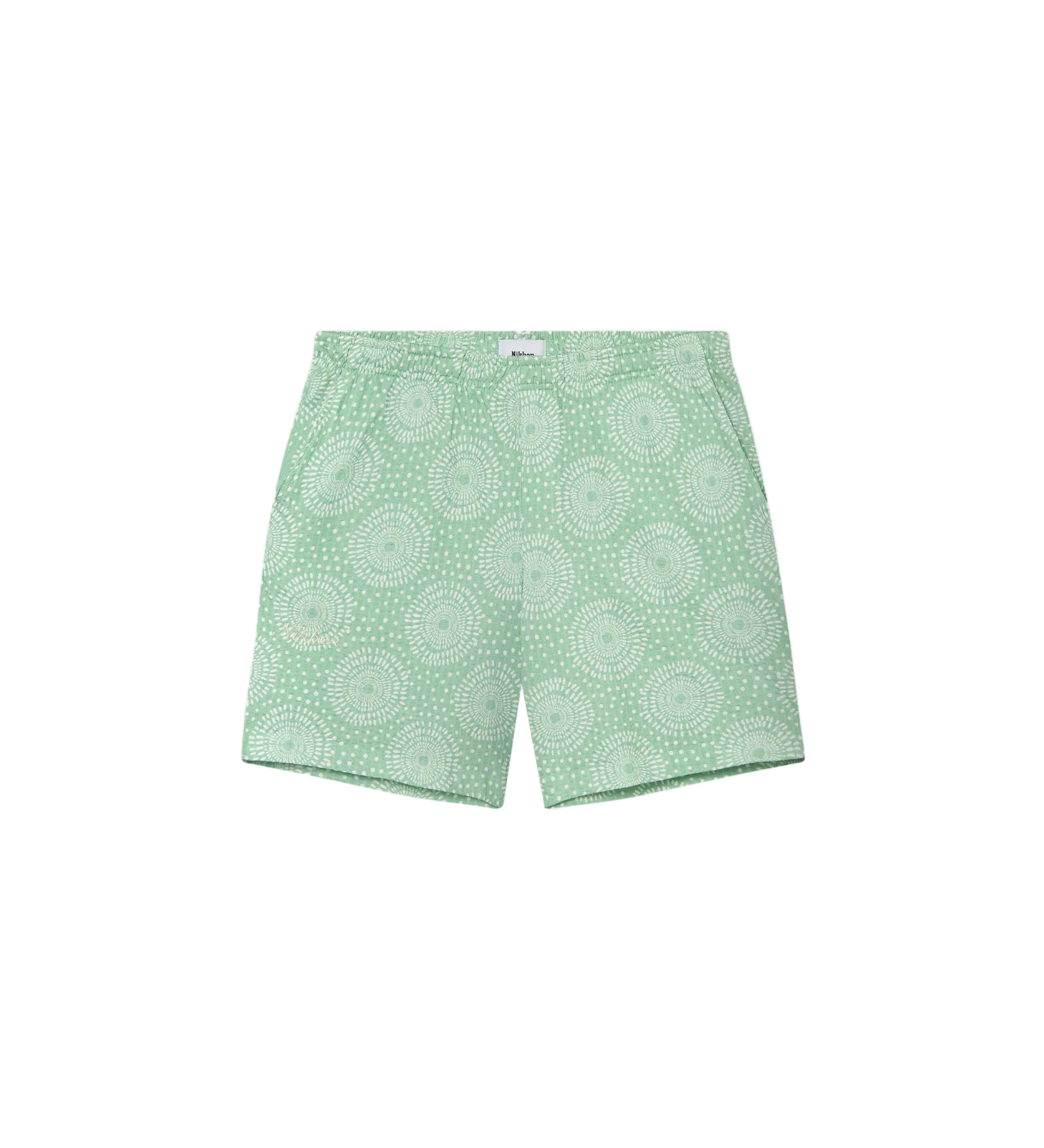 A pair of green Prainha shorts with a geometric pattern, crafted from 100% seersucker cotton.
