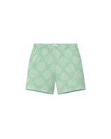 A pair of green Prainha shorts with a geometric pattern, crafted from 100% seersucker cotton.