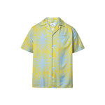 A short-sleeved mustard yellow shirt with a multicolor graphic pattern, an open collar, and a button closure at the front.