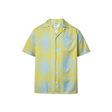 A short-sleeved mustard yellow shirt with a multicolor graphic pattern, an open collar, and a button closure at the front.