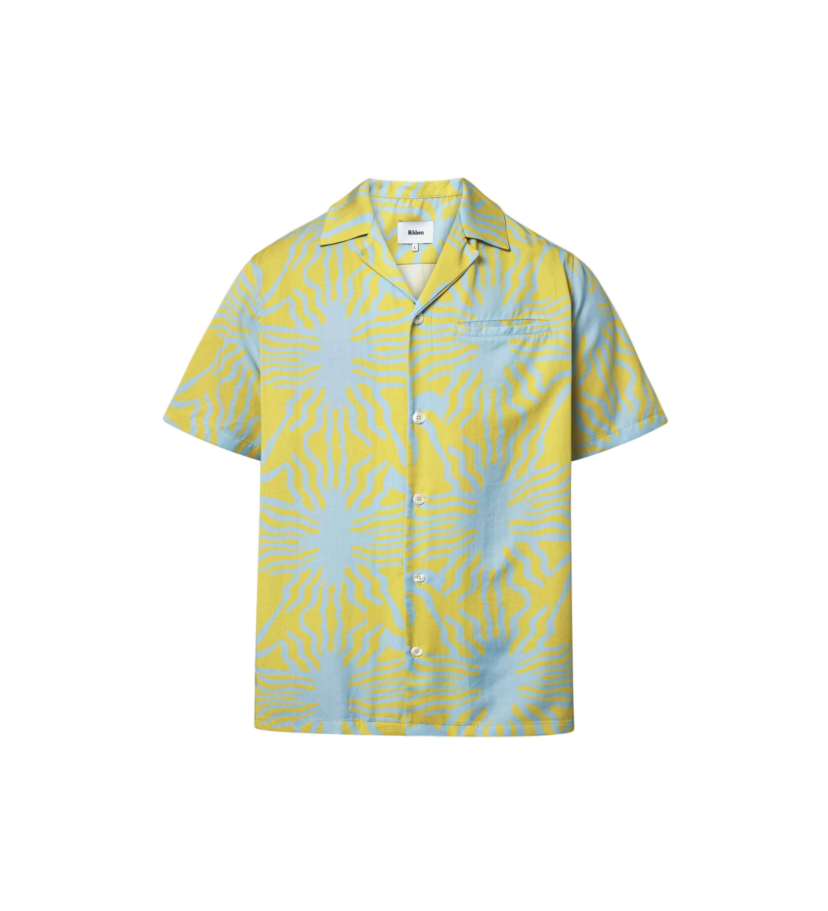 A short-sleeved mustard yellow shirt with a multicolor graphic pattern, an open collar, and a button closure at the front.