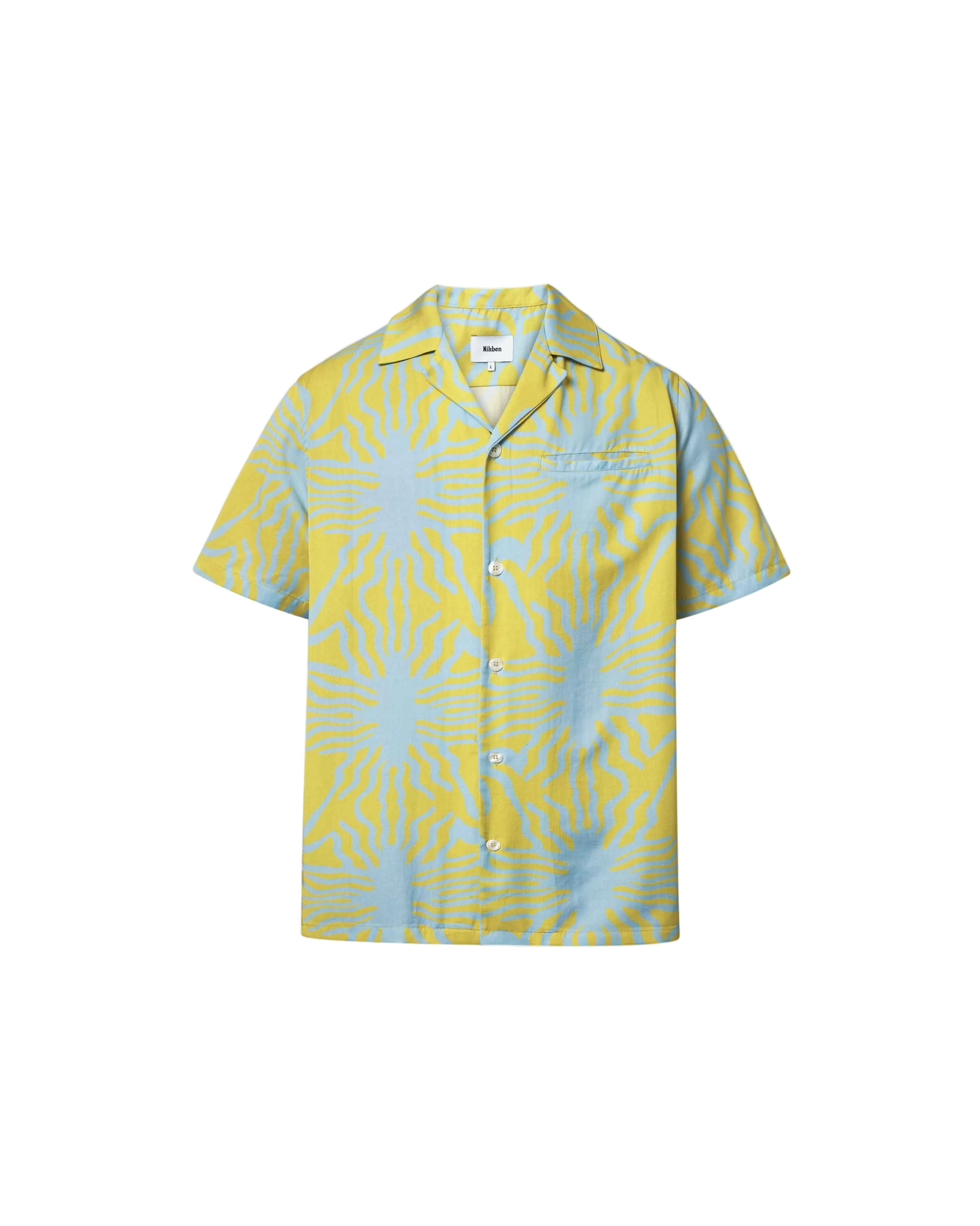 A short-sleeved mustard yellow shirt with a multicolor graphic pattern, an open collar, and a button closure at the front.
