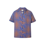 A short-sleeved purple shirt with a multicolor graphic pattern, an open collar, and button closure at the front.