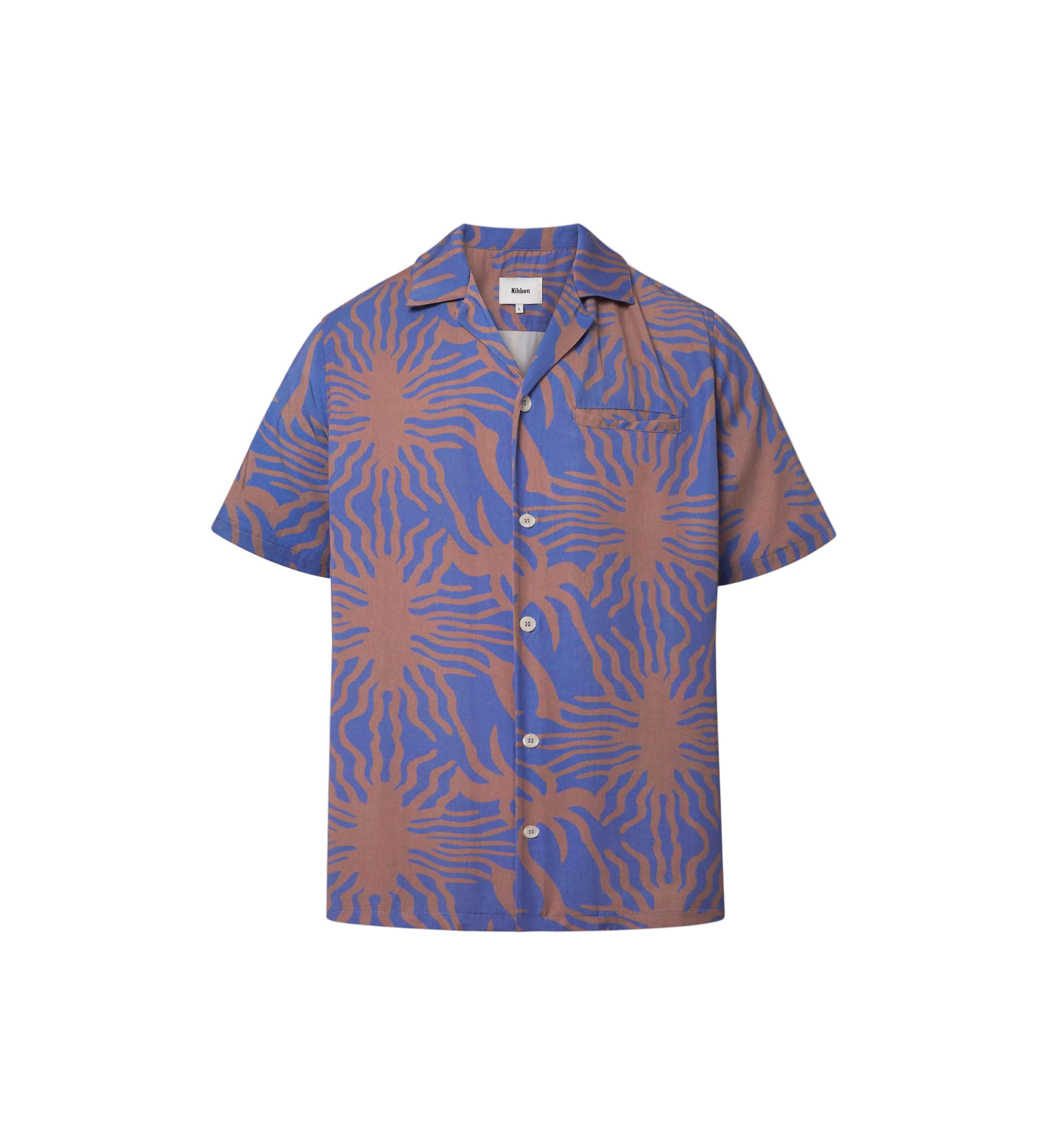 A short-sleeved purple shirt with a multicolor graphic pattern, an open collar, and button closure at the front.
