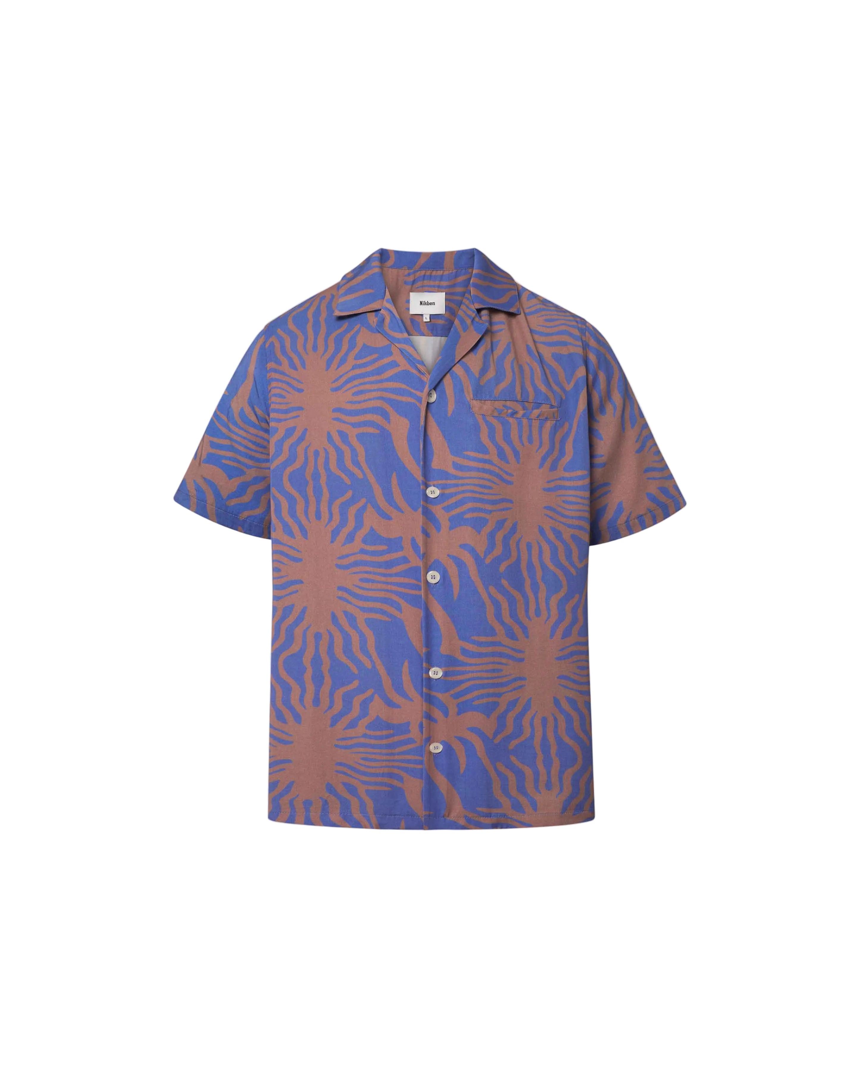 A short-sleeved purple shirt with a multicolor graphic pattern, an open collar, and button closure at the front.