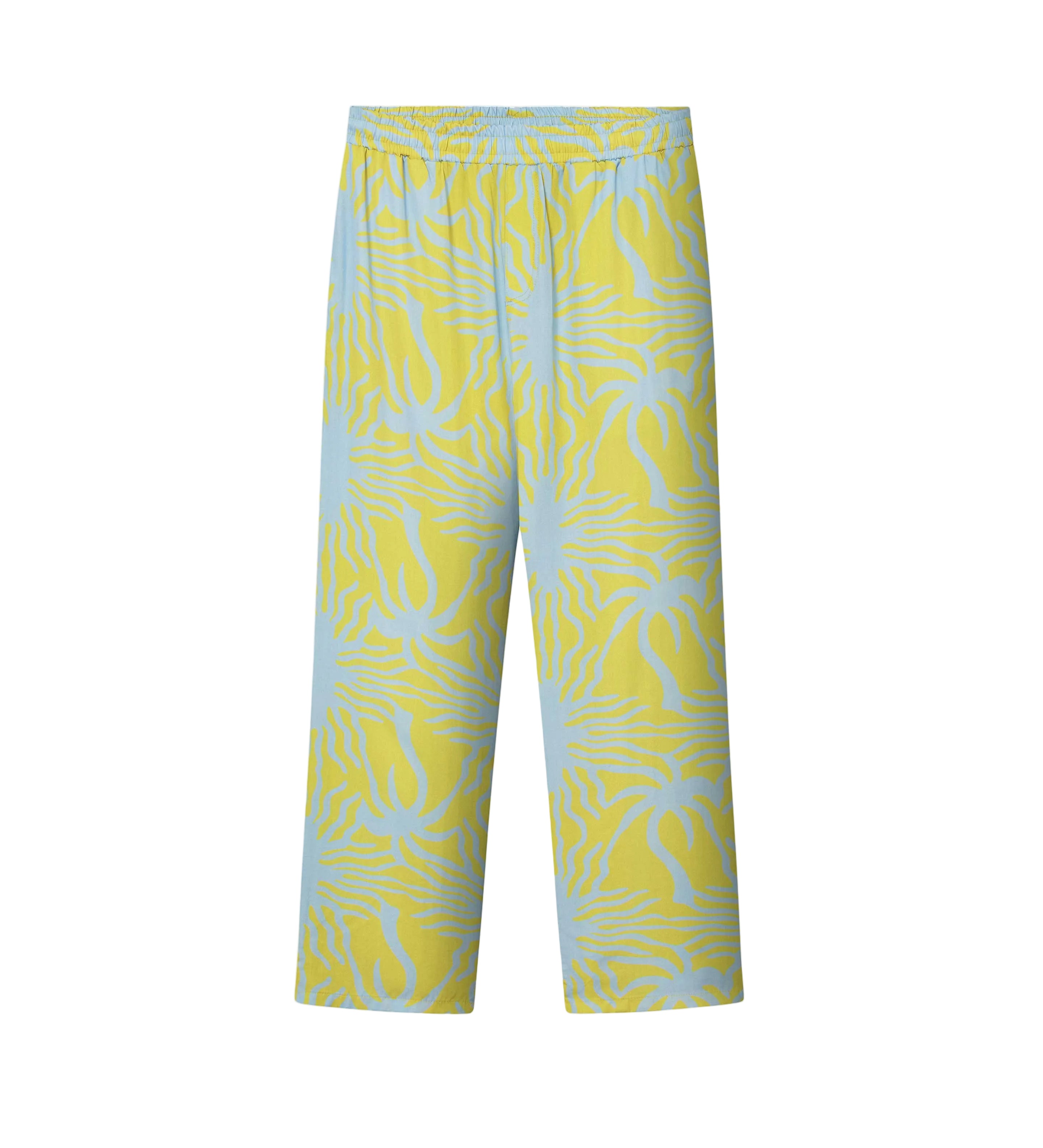 A pair of mustard yellow pants with a multicolor graphic pattern, featuring a relaxed fit and two side pockets.